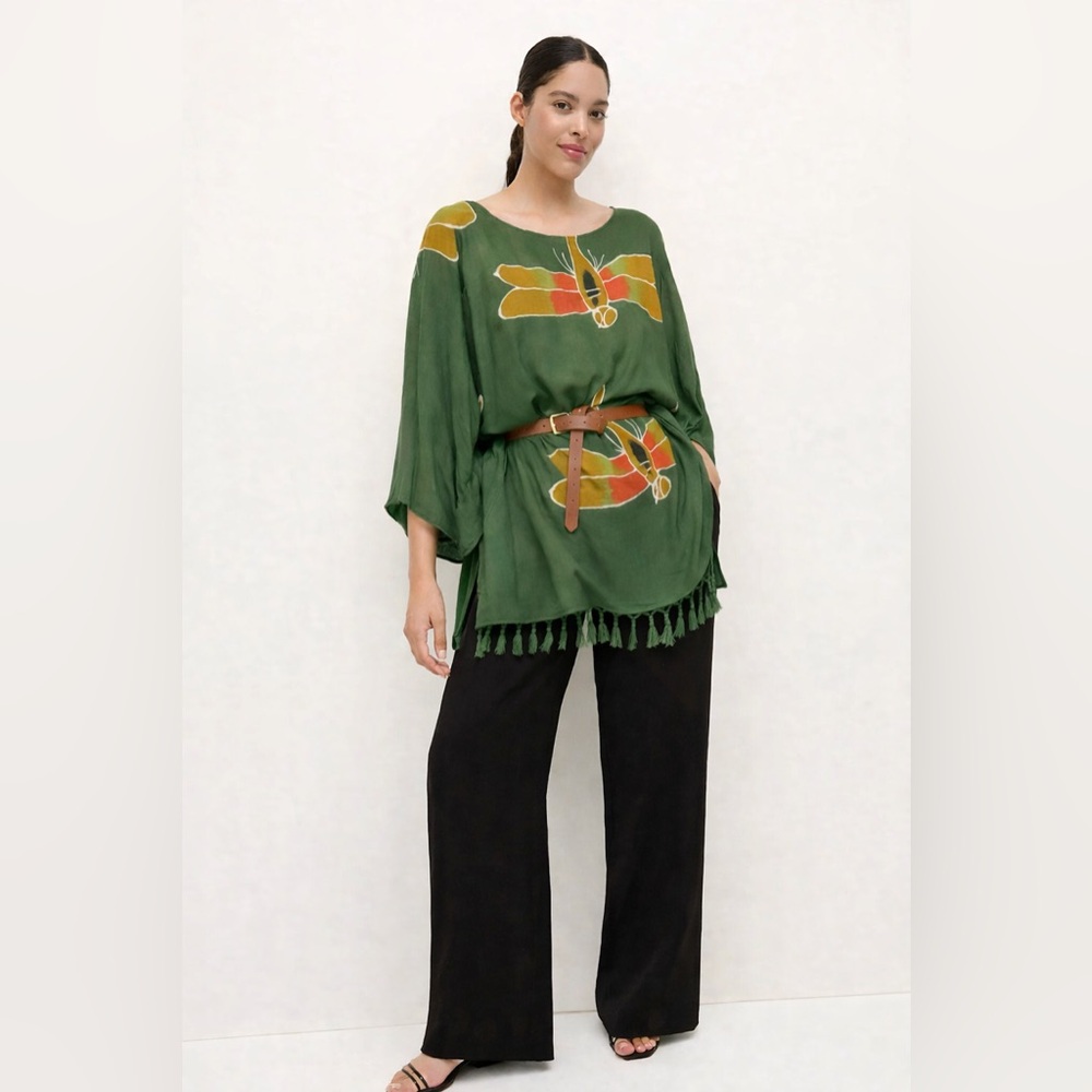 Vintage Green Dragonfly Batik V-Neck Kaftan Poncho – OSFM